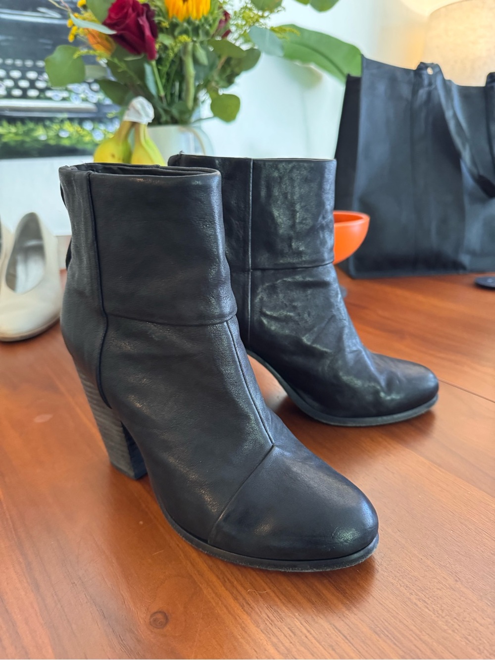 rag & bone Black Leather Ankle Booties with Stacked Heel